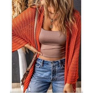 NEW Hollow Knit Kimono Sleeve Open Orange Cardigan